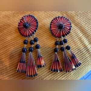 Vintage Japanese Elegant Red and Black Fan Dangle Earrings
